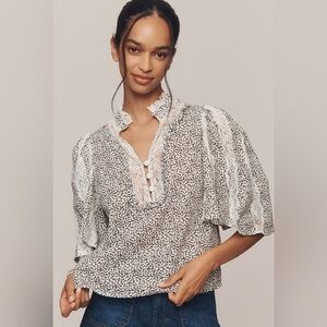 NEW NWT $120 Sz LARGE ANTHROPOLOGIE CAPE SLEEVE LACE TRIM BLOUSE SHIRT